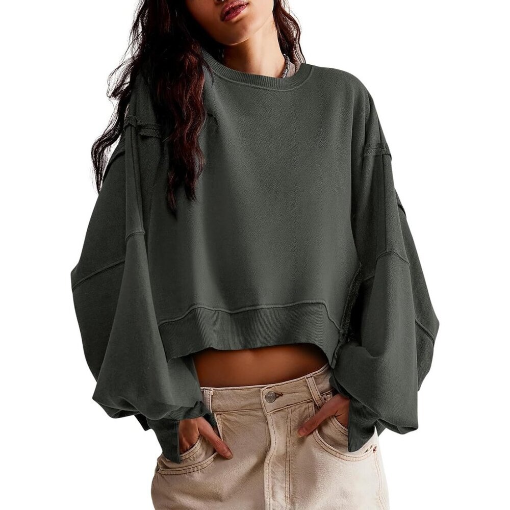 Womens Cotton Blend Crop Sweatshirt Long Sleeve Crewneck Casual Fall